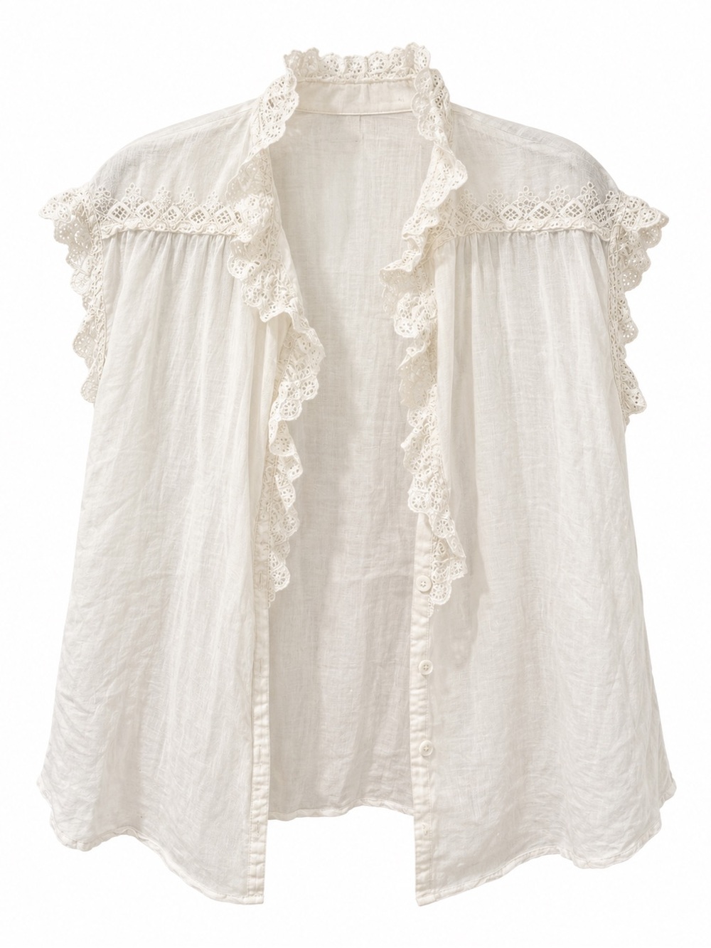Women's Cream Lace-Trim Button Front Top